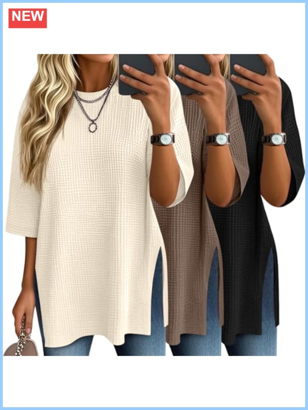 Waffle Knit 3/4 Sleeve Loose Fit Crew Neck Tops for Women 3 Pack